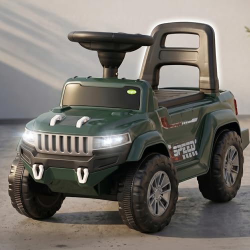 Image of Baybee Speedy Baby Ride on Car for Kids | Portable Kids Car with LED Lights, Music & Storage Basket | Push Toy Cars with High Backrest | Toddler Rideons Jeep for 1 to 3 Years Boys Girls (Dark Green)