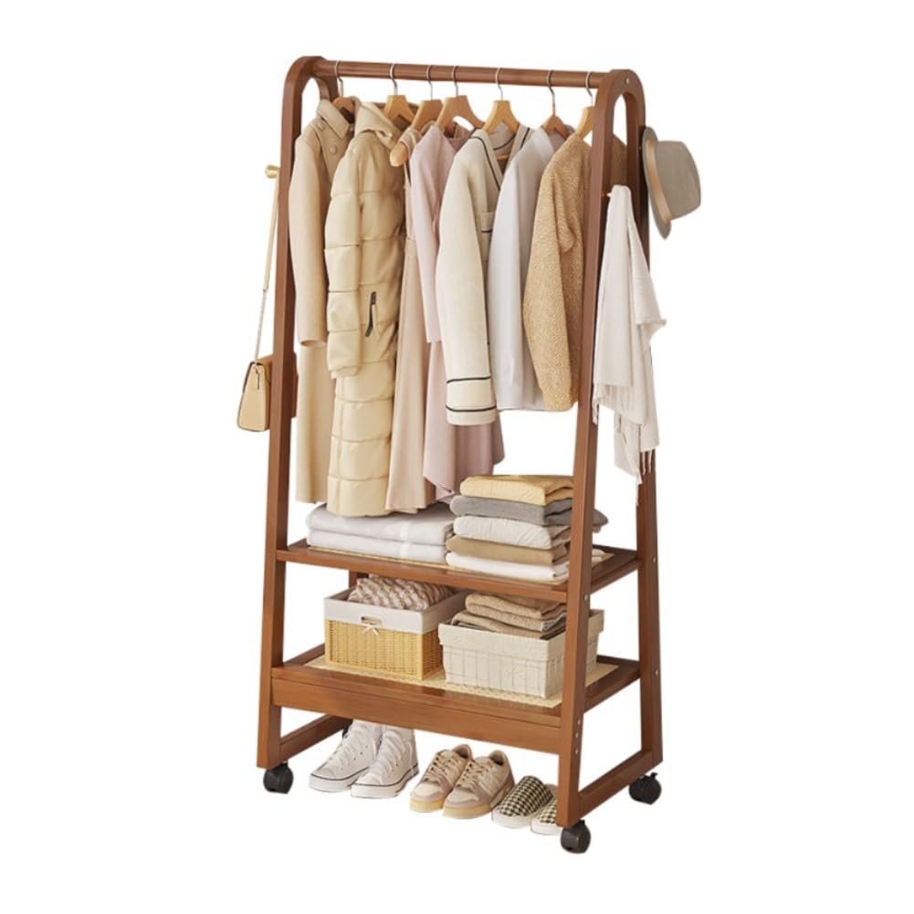 Dodobd B Clothes Rail With Double Shelves,Hanging Ar,Hanger Hooks,Shoe Rack,Amboo Coat Hanger Stand,Coat Stand For Small Space,Free Standing Wooden Coat Stand,Portable Clothes Rail