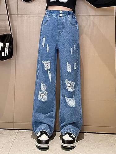 Kids Girls Ripped Jeans Wide Leg Denim Pants Elastic Waist Summer Casual Jeans2