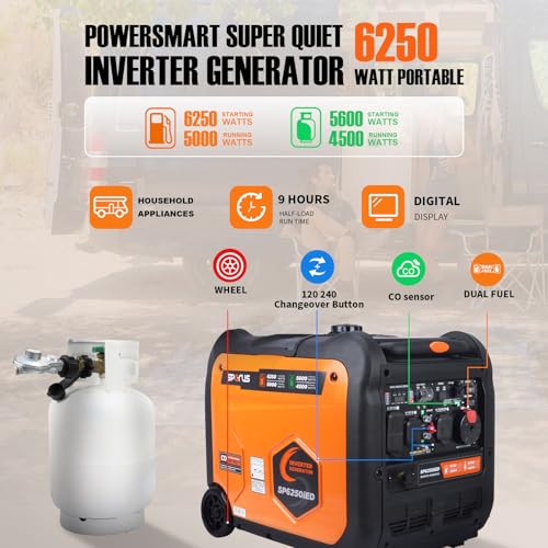 6250 Watt Dual Fuel Inverter Generator, Electric Start, 120V 240V Full Power Output, Wheel & Handle Kit, for Tool/Homes/RV Ready, 5000W Portable super-quiet with Parallel Capability/CO/EPA - Image 3