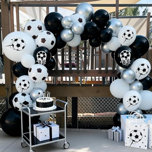 Image of Soccer Balloons, 50 Pcs Black White for Boys Sports Birthday Baby Shower | 12 Inch Black White Silver Soccer Print Latex Balloons for Soccer Football Baby Shower Game Day Sport Club Party Decorations