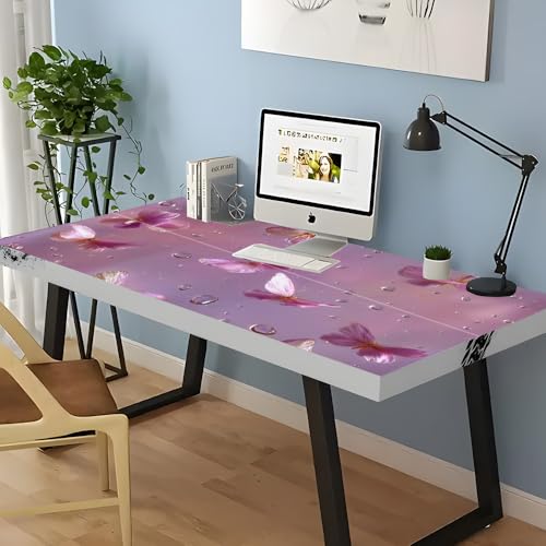 Image of Pink Butterfly Desktop Sticker 39.37x23.62In, Floral Butterfly Water Drop Desk Decal, Easy Clean Table Surface Sticker, Dreamy Feminine Home Decor