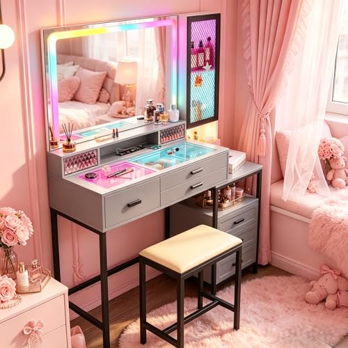 Gurexl Schminktisch mit RGB LED Beleuchtung und Hocker Glasplatte Schminktisch mit ladefunktion und 6 Schubladen Gitterdekoration Intelligente Sensorik für Umkleidekabine Mädchen Geschenk Schwarz