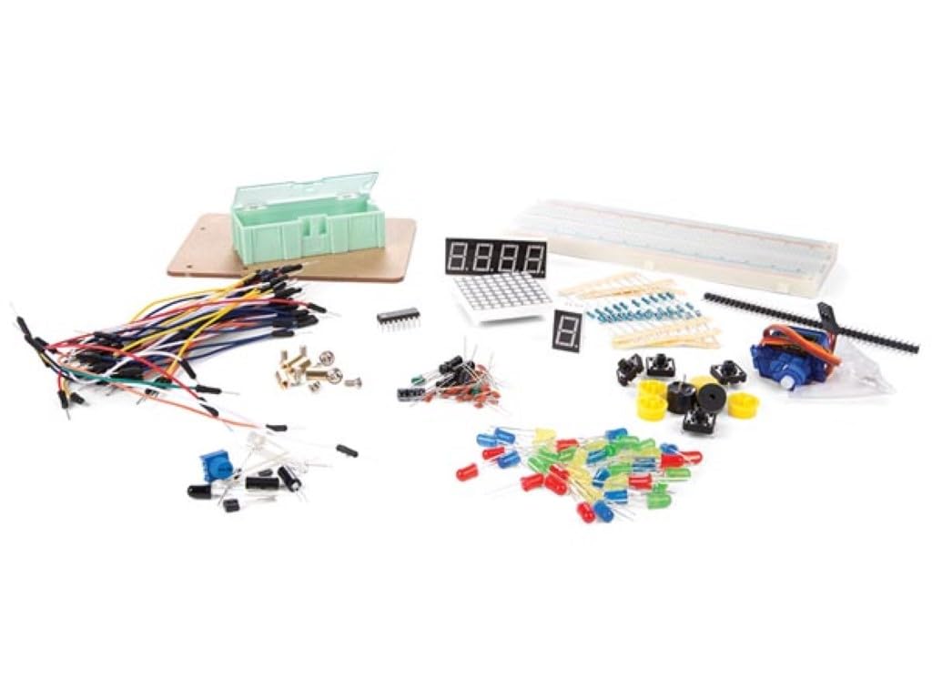 Whadda Juego de componentes electrónicos Arduino, kit completo con protoboard, LED, servomotor, pantallas matriciales y de 7 segmentos, sensores, resistencias y mucho más.