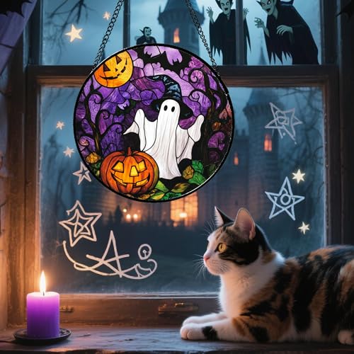 Image of Stained Glass Window Hanging Halloween White Ghost Black Bat 6.3 inch - Suncatcher Door Garden Sunroom Horror Pumpkin Sun Catcher Birthday for Friend Mom Men Woman Nana