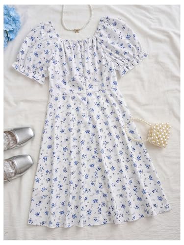 Verdusa Girl's Boho Floral Print Ruffle Dress Puff Short Sleeve High Waisted Flared Mini Dresses2