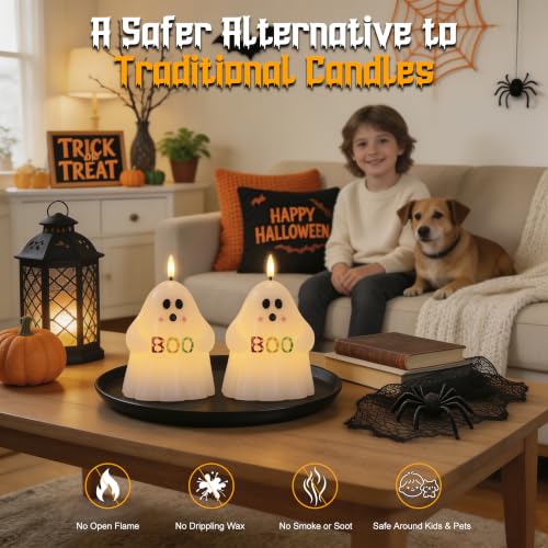 Image of Ghost Halloween Flameless Candles with BOO, Remote Timer Battery Operated | Flickering LED Candles, Spooky Cute Halloween Decor, Real Wax, Hand Painted, Table Home Party Festival Decoration Gift, 2Pack