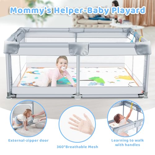 Image of 150x180 cm Playard with Ocean Balls and Anti-Fall Grasp Rings, Large Playpen for Baby up to 5 Years with Safety Lock (NO Mat /Cushion, Non-Foldable) - Grey