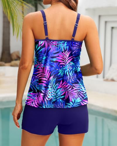 Image of Tempt Me Two Piece Tankini Swimsuits for Women Tummy Control Bathing Suit with Shorts Athletic Two Side Pockets Swimwear