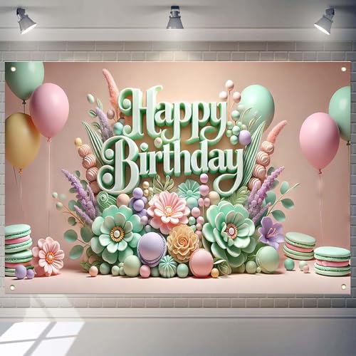 Image of Happy Birthday Banner for Women - 70.8x43.3 Inch Floral Happy Birthday Backdrop Polyester Spring Party Decorations Reusable Birthday Sign for Backdrop