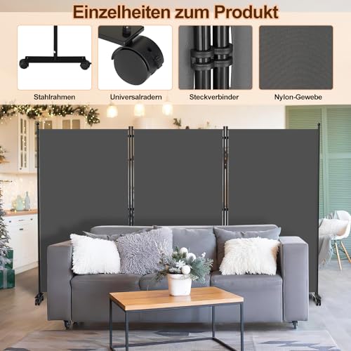 Vigevee Paravent Raumteiler Klappbar Freistehend auf Rollen - Trennwand, Umkleide Sichtschutz 3 Teilig 263x181 cm für Büros, Balkon - Anthrazit
