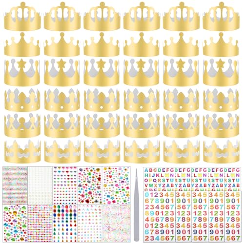 30 Pcs Paper Crowns Gold Paper Party Hats Set with 20 Sheets Gem Jewels Alphabet Number Letter Stickers Jubilee Hats Crowns for Adults DIY Papers Crown Princess Prince Crown for Party Celebration (A)