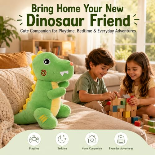 Image of Green Dinosaur Plush Soft Toy for Kids & Babies, 30 cm | Ultra Soft Stuffed Dinosaur Teddy | Cute Huggable Plush Animal Toy | Birthday Gift for Girls, Boys & Toddlers | Home Room Decor