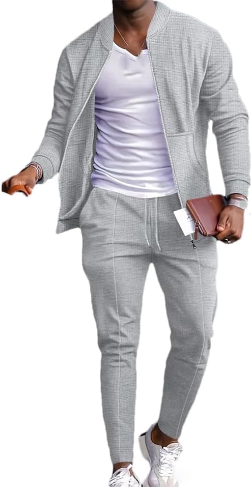 Men's Winter Blazer Set Fashion Waffle Baseball Suit Round Neck Pocket Zipper Long Sleeve Trousers Two-Piece Se