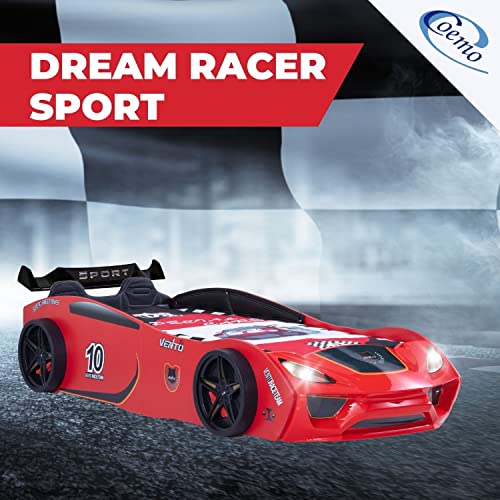 Coemo Autobett Dream Racer Sport Rot Kinderbett im Rennauto-Design mit Lattenrost 90x200 Kunstleder Sportsitze, Spoiler mit Aufklebern, LED Beleuchtung Spielbett für Jungen und Mädchen