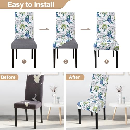 Image of SearchI Printed Dining Room Chair Covers Set of 4, Stretch Kitchen Chair Covers Washable Parsons Chair Slipcover Removable Dining Chair Protectors for Hotel,Ceremony(Green Flowers)