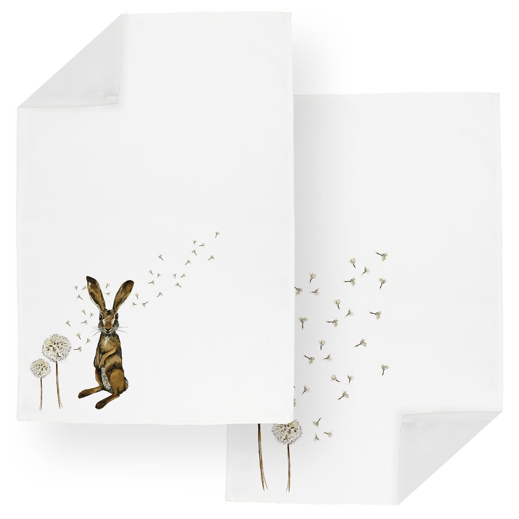 Purely Home Hares & Dandelions Tea Towels Set - Large Floral Wildlife Kitchen Gift Set - Pack of 2 Panama Cotton Dish Towels/Drying Cloths - 67cm x 45cm