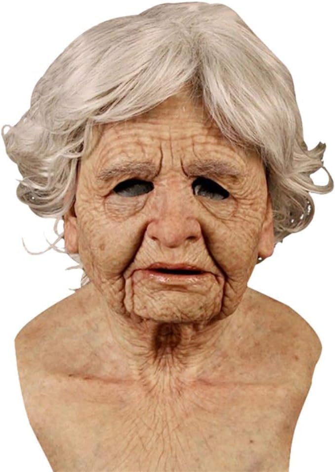 Bukbas Old Lady Mask, Latex Halloween Masks for Adults, Realistic Scary Old Woman Mask, Wrinkles Human Face Masks Costumes for Halloween Carnival Cosplay Party Props