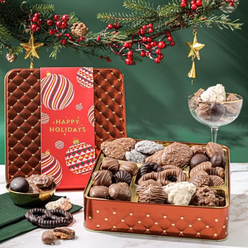 Image of Christmas Chocolate Gift Basket- Holiday Candy Gift Box with Assorted Milk, Dark & White Chocolates - Holiday Food Gift Idea for Men, Women, Family, Corporate- Bonnie & Pop Christmas Style