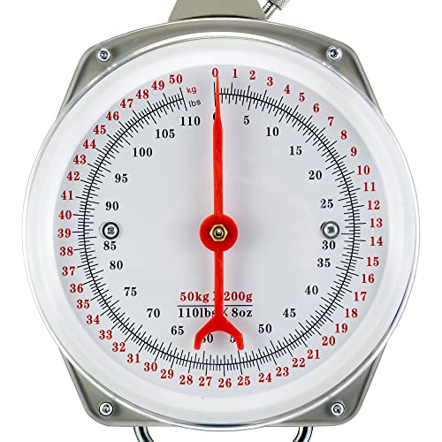 Hanging Spring Dial Scale 110lb/50kg Big Game Scale?Hanging Scale with 2 S-Hooks for Kitchen Fishing Hunting (Easy to Read Dial)