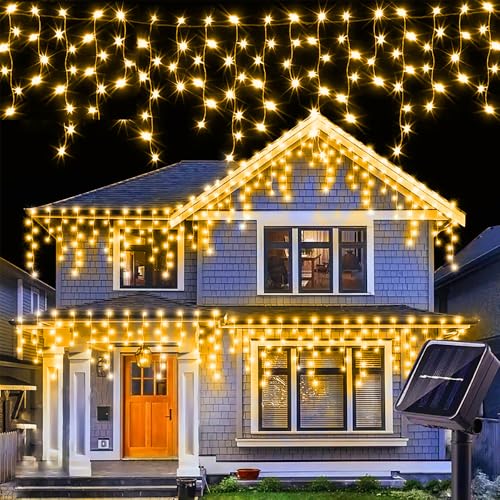 Sherno 1Pcs LED Solar String Lights 8 Modes Icicle Curtain Lights Outdoor Fairy Lights for Christmas Garden Party Decoration (Warm White 137.8inch 96LEDs)