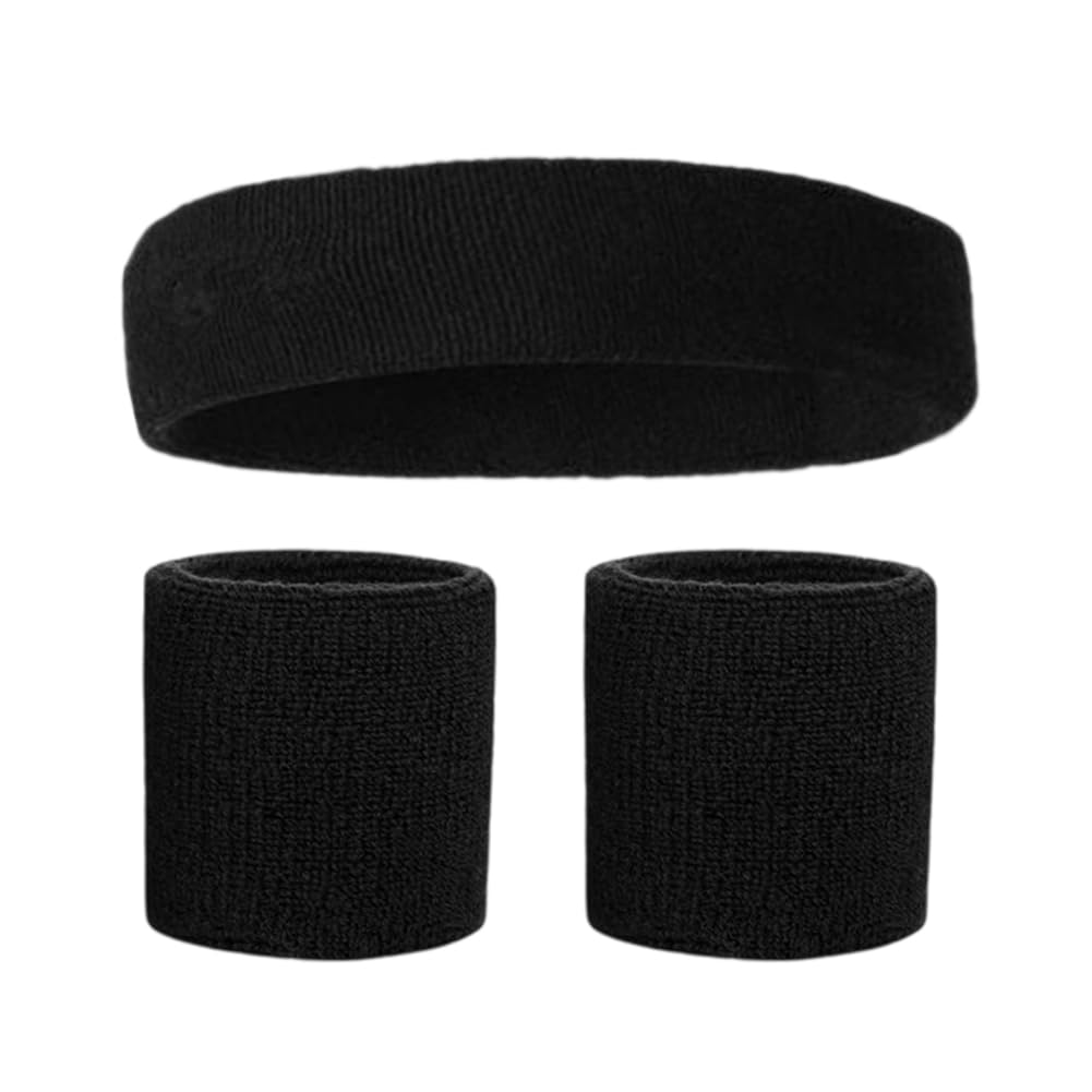 BEAMARKER Sweatbands Set 1 Headband and 2 Wristbands Wicking Sweat Absorbing High Elastic Cotton for Sports Basketball Tennis Yoga Gym Breathable Athletic Bands for Men and Women Black