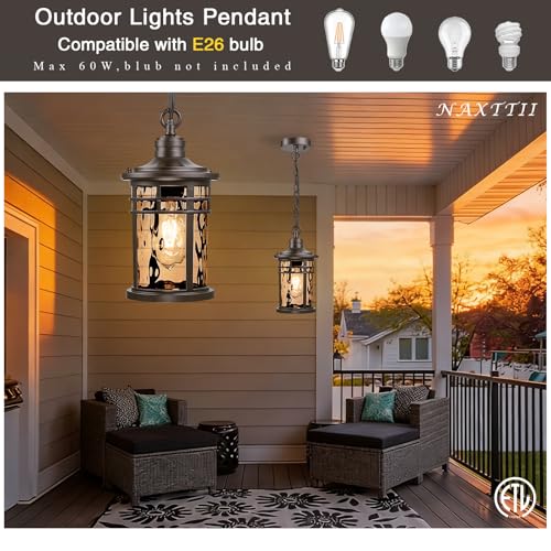 Image of Outdoor Hanging Lantern Light Dusk to Dawn Hanging Porch Light Anti-Rust Aluminum Outdoor Chandelier for Front Door Gazebo E26 Socket Oil Rubbed Bronze Finish