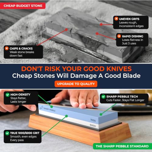 Image of Sharp Pebble Premium Whetstone Knife Sharpening System - 1000 /6000 Grit Whetstone Knife Sharpener & Honing Kit with Angle Guide & Non-Slip Bamboo Base - Guided Beginner Instructions
