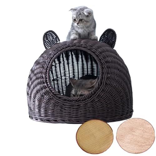 「NexPon」 猫用ハウス 猫ベッド 猫向け手編みベッド 天然素材 藤編み 通気性 涼しい 四季通用 お手入れ簡単 猫犬用品 ベッド夏用 猫の家 四季を通じて使用可能、クールマット付き、ファーマット付き (コーヒー色,M)