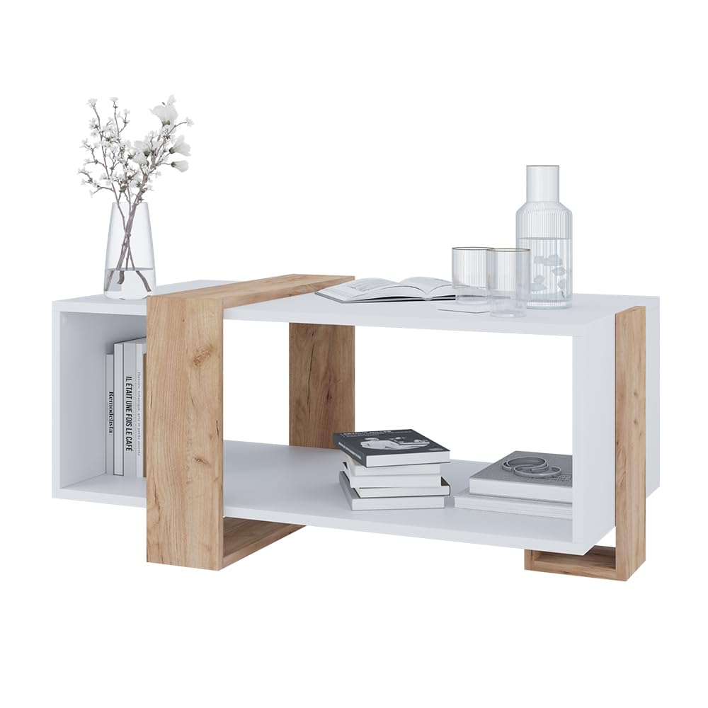 Vicco Couchtisch Aven, Weiß/Goldkraft Eiche, 91.5 x 52 cm | mit zusätzlicher Ablagefläche für Bücher und Zeitschriften
