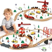 TOY Life Train Set 80pcs with Crane & Locomotive Train Toy, Wooden Train Tracks Toys for Toddlers Boys Girls 3 4 5, Wood Toys Gift Toddler Train for Kids 4-8 - Fits Thomas Brio Chuggington