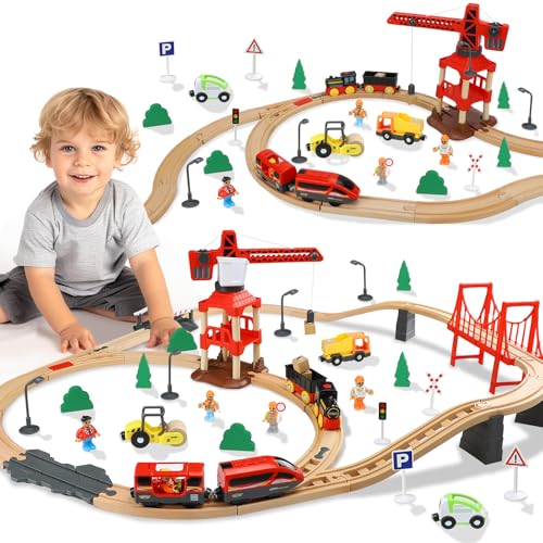 TOY Life Train Set 80pcs with Crane & Locomotive Train Toy, Wooden Train Tracks Toys for Toddlers Boys Girls 3 4 5, Wood Toys Gift Toddler Train for Kids 4-8 - Fits Thomas Brio Chuggington