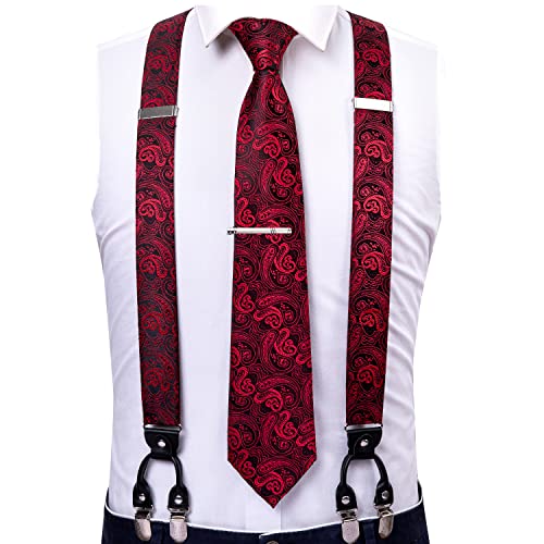 Image of Barry.Wang Men Suspender Set with Necktie Elastic Y Type Heavy Duty 6 Clips Braces Tie Handkerchief Cufflink Pin 6PCS