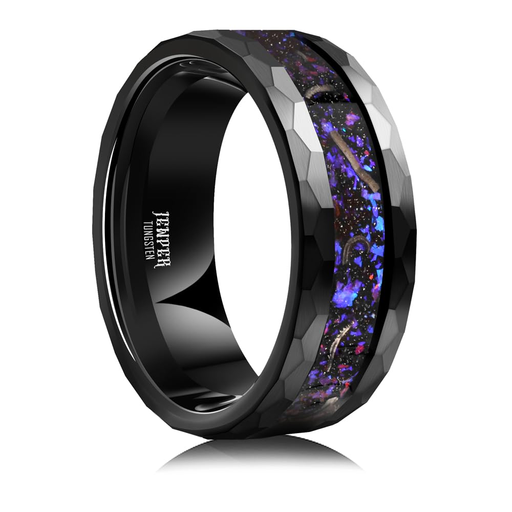 JEWPER Tungsten Rings for Men Womens 8mm Black Fashion Promise Wedding Band Hammered Groove Meteorite Orbo Carbide Beveled Polished Edge Comfort Fit