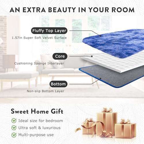 Living Room Rug 9x12, Soft Extra Large Tie Dye Blue Fluffy Shag Rug for Boys Bedroom, Non-Slip Modern Indoor Fuzzy Big Plush Rugs for Kids Room, Dorm, Home Decor