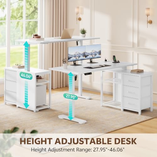 Image of 47 Inch L Shaped Desk with 3 Drawers Electric Standing Desks White | with Storage Computer Table Adjustable Height with Power Outlets 4 Memory Presets for Home Office, White