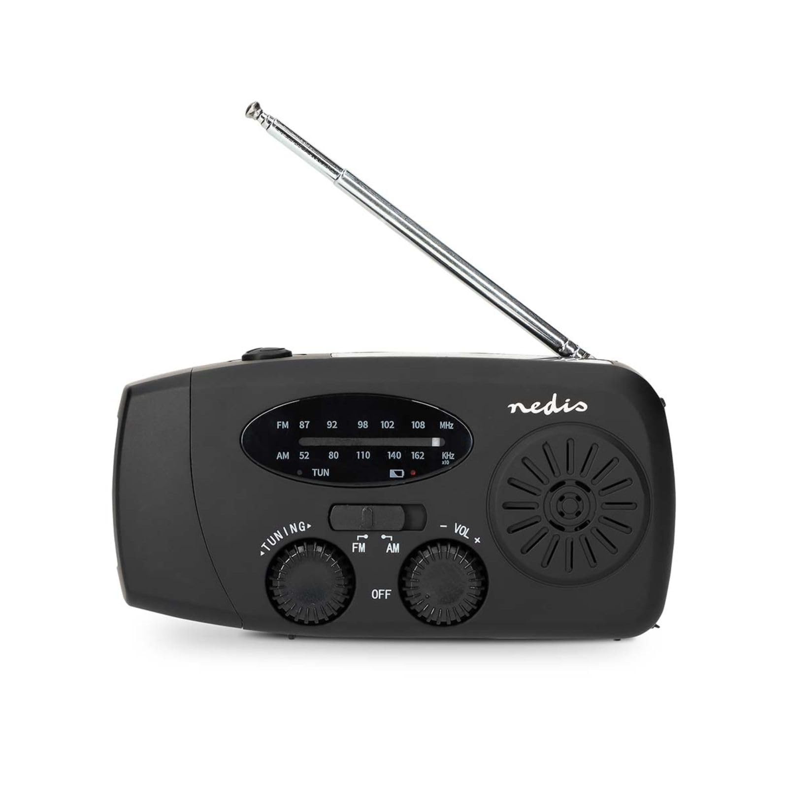 Nedis Przenośne radio awaryjne AM/FM, z panelem słonecznym i korbą ręczną, latarką LED, światłem SOS i akumulatorowym powerbankiem USB 2000 mAh, czarne