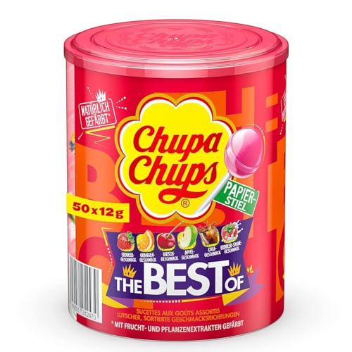 Chupa Chups Best of Lutscher-Dose, enthält 50 Lollis in 7 Geschmacksrichtungen Cola, Apfel, Erdbeere und weitere, geeignet für Geburtstag, Halloween, 50 x 12g Chupa Chups Best of Lutscher-Dose, enthält 50 Lollis in 7 Geschmacksrichtungen Cola, Apfel, Erdbeere und weitere, geeignet für Geburtstag, Halloween, 50 x 12g