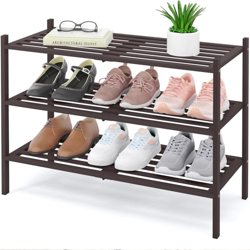 Image of Smiry Bamboo Shoe Rack, 5 Horizontal Slats, 3 Tier - 26.8 inch Wide, Brown