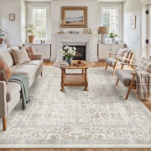 PureCozy Taupe Area Rug 8x10 Machine Washable Large Vintage Living Room Distressed Non Slip Carpet Traditional Indoor Bedroom Retro Floral Accent Throw Rug for Office Kitchen Dining Room
