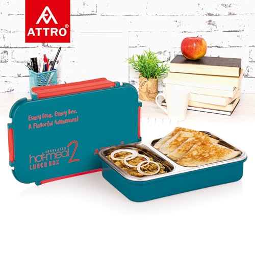 Image of ATTRO Hot-Meal 2 Insulated Lunch Box with 2 Compartment, Inner Stainless Steel & Locking Lid BPA-Free Food Grade Ideal for School, Office - 800ml Dark Blue