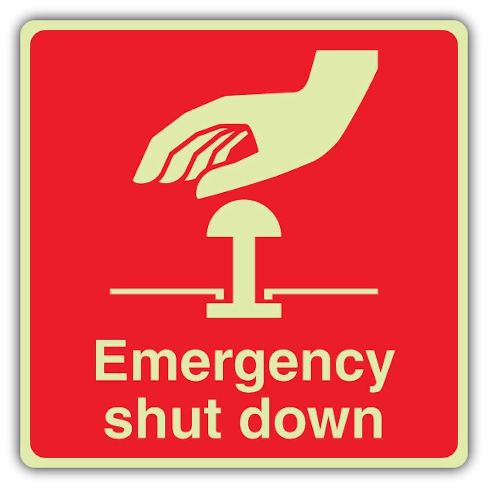 V Safety Photoluminescent Emergency Shut Down - Square Safety Sign - 200 x 200 mm - 1.2mm Rigid Plastic - Triple Glow