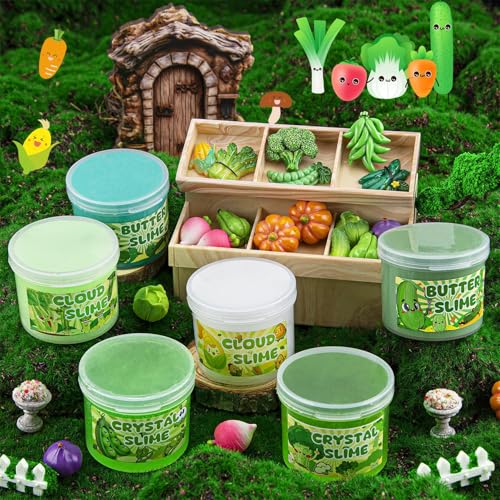 Image of 6 Packs Gradient Green Slime Kit - Cloud Butter Clear Slime, Crunchy Slimes for Kids with Various Slime Add-ins, Non Sticky Slimes Party Favors for Girls and Boys