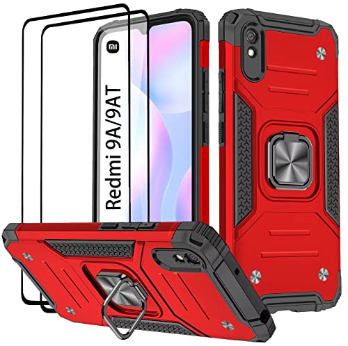 Cover compatibile per Xiaomi Redmi 9A 9AT Vetro Temperato 2 Pack Custodie 360° Rotante Anello Magnetica Ring Supporto Bumper per 9A - silicone rosso tpu
