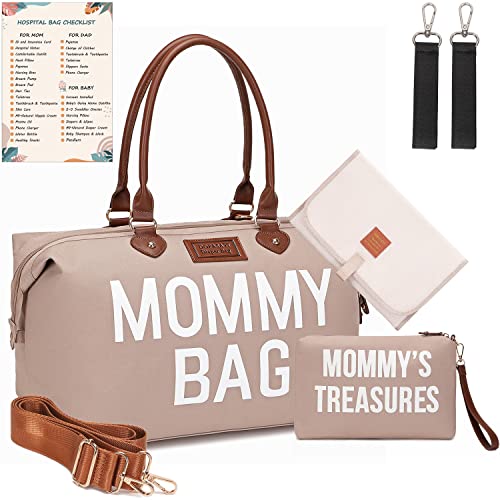Dofasayi Mommy Bag For Hospital, Diaper Bag Tote With Changing Pad, Pouches, Straps, Stroller Hook, Multifunction Hospital Bags For Labor And Delivery, Large Travel Tote Bag For Boys, Girls, Khaki #TOP1
