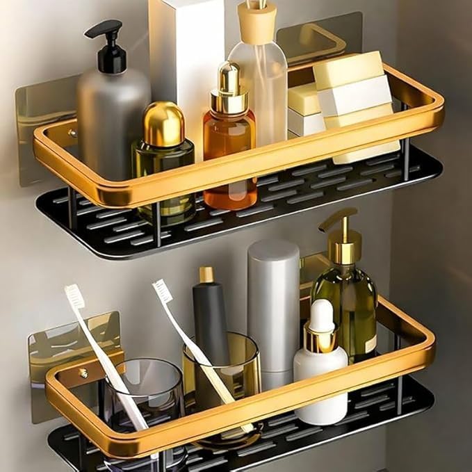 Luxury Golden Adhesive Bathroom Shelf for Wall, Drill Free Rustproof Metal Storage Rack for Shampoo Soap Toiletries, Waterproof Organizer Bathroom and Kitchen (Black & Gold) 2 Pcs Set.-image-13