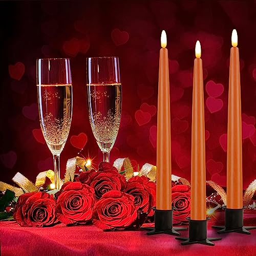 Image of CVHOMEDECO. Flameless Taper Candles with 10-Key Remote, Battery Operated Led Flickering 3D Wick Window Candles Real Wax Finished Home Christmas Party Decor 0.78 x 11 Inch, Pack of 3, Orange