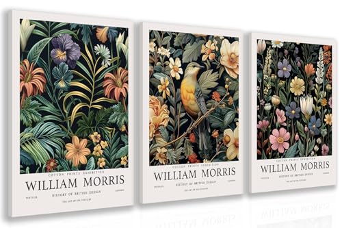 William Morris Canvas Wall Art Set of 3, Vintage Flower Leaves Prints, Vintage Bird Wall Art, Dark Green Maximalism Botanical Poster Wall Decor for Living Room Bedroom Decor Framed 16