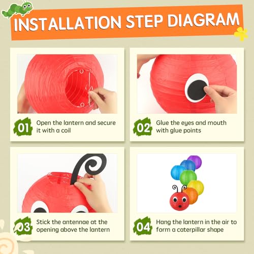 Image of LYART 7 Pcs Hungry Caterpillar Paper Lanterns Decoration for School Classroom Birthday Party and Caterpillar Theme Party Ceiling Hanging Decor, with Eyes Mouth Feelers Glue Point (7Pcs Rainbow)