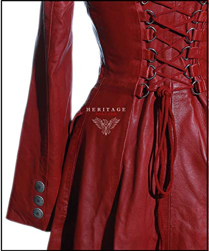 Valentina Red Ladies Women's Military Style Double Breasted Knee Length Designer Steampunk Real Soft Lambskin Leather Fashion Corset Flare Coat Tailcoat (20) steampunk buy now online